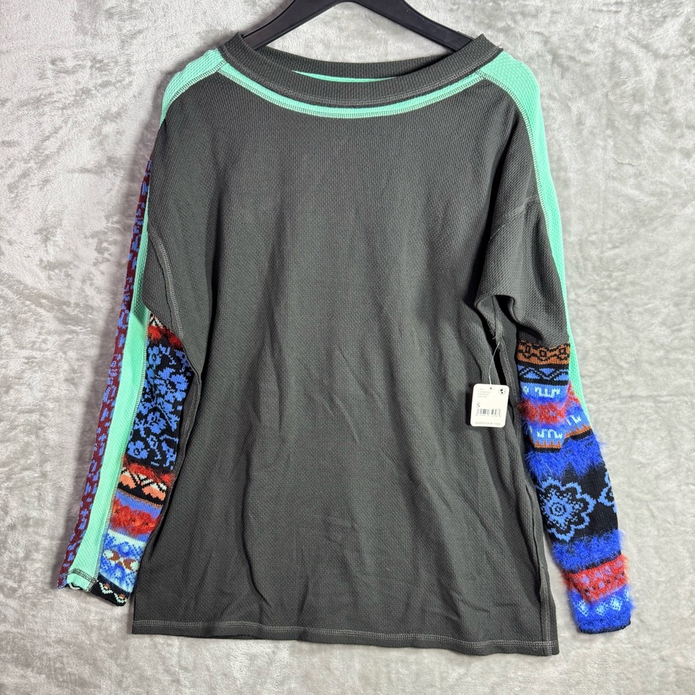 NWT Free People On My Way Cuff Long Sleeve Black Thermal Womens Small‎ New Shirt